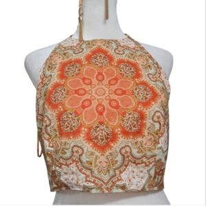 HOUSE OF HARLOW 1960 Boho Linen Blend Halter Cropped Top Orange, Blue. Size Med